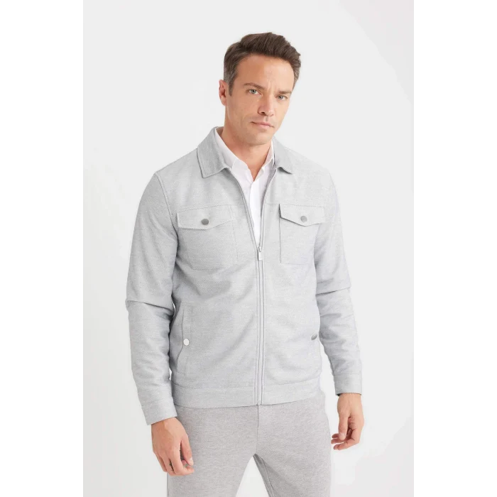 Defacto D7533 Gri Slim Fit Dar Kesim Polo Yaka Fermuarlı Mevsimlik Baharlık Mont