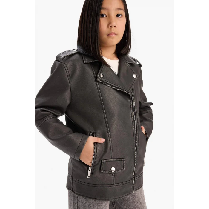 Defacto D6922 Siyah Kız Çocuk Su İtici Fermuarlı Çift Cepli Suni Deri Ceket Mont