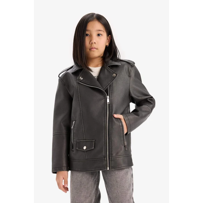 Defacto D6922 Siyah Kız Çocuk Su İtici Fermuarlı Çift Cepli Suni Deri Ceket Mont