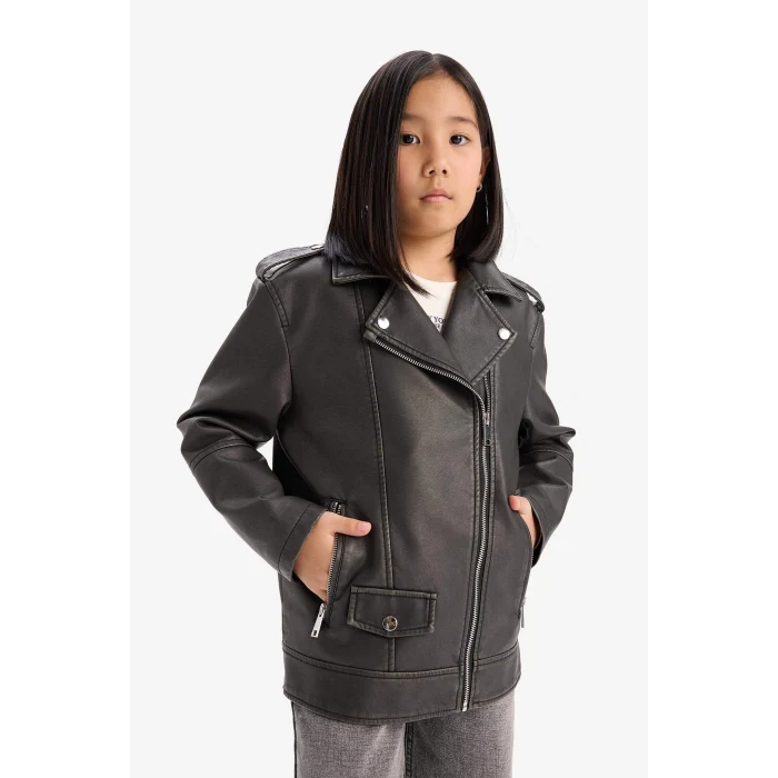 Defacto D6922 Siyah Kız Çocuk Su İtici Fermuarlı Çift Cepli Suni Deri Ceket Mont