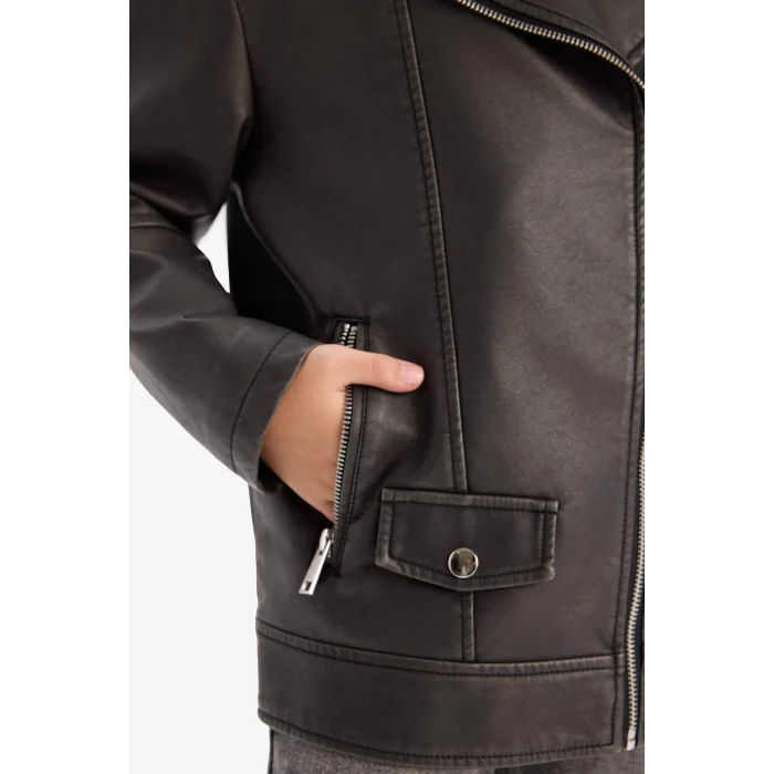 Defacto D6922 Siyah Kız Çocuk Su İtici Fermuarlı Çift Cepli Suni Deri Ceket Mont