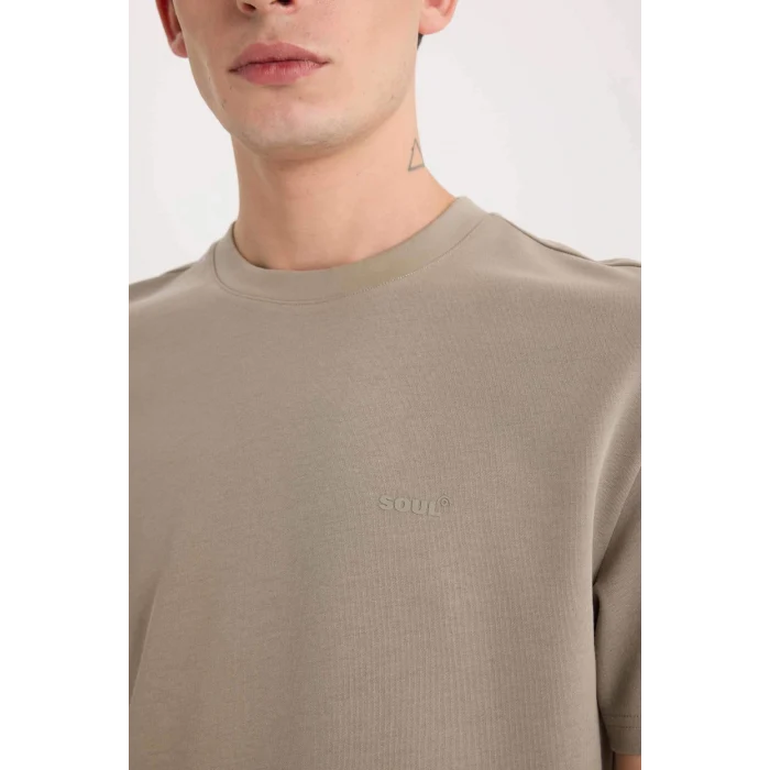 Defacto D5514 Haki Regular Fit Bisiklet Yaka Baskılı Kısa Kollu Ağır Kumaş Tişört