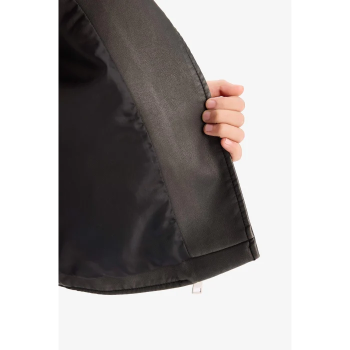 Defacto D6922 Siyah Kız Çocuk Su İtici Fermuarlı Çift Cepli Suni Deri Ceket Mont