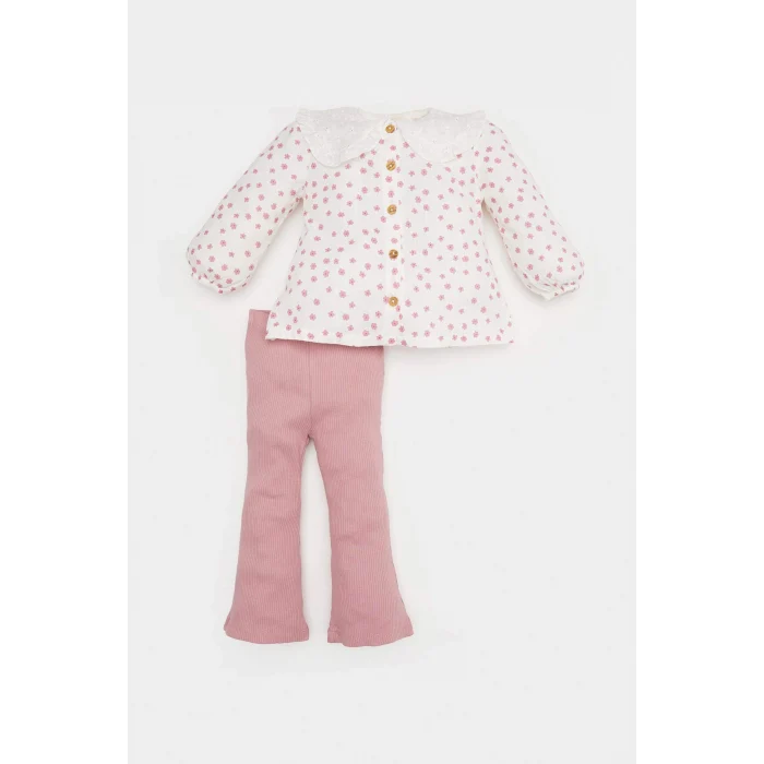 Defacto E5713 Bordo Kız Bebek 2li Takım Çiçekli Flamlı Poplin Uzun Kollu Gömlek Esnek Belli Alt