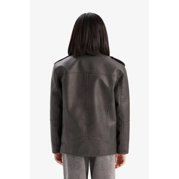 Defacto D6922 Siyah Kız Çocuk Su İtici Fermuarlı Çift Cepli Suni Deri Ceket Mont