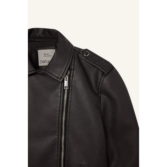 Defacto D6922 Siyah Kız Çocuk Su İtici Fermuarlı Çift Cepli Suni Deri Ceket Mont