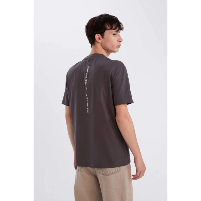 Defacto D5560 Antrasit Regular Fit Bisiklet Yaka Sırt Baskılı Kısa Kollu Tişört