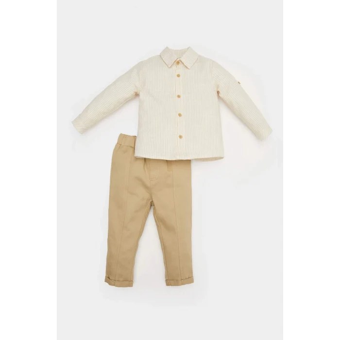 Defacto E2264 Ekru Erkek Bebek 2li Takım Çizgili Uzun Kollu Gömlek Pantolon