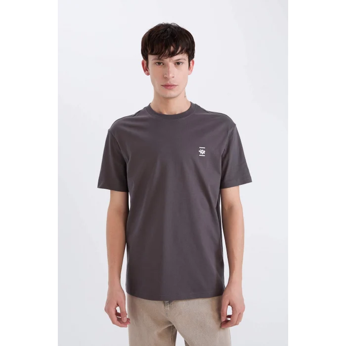 Defacto D5560 Antrasit Regular Fit Bisiklet Yaka Sırt Baskılı Kısa Kollu Tişört