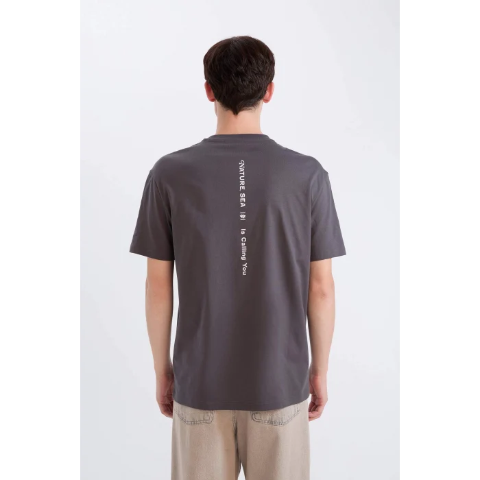 Defacto D5560 Antrasit Regular Fit Bisiklet Yaka Sırt Baskılı Kısa Kollu Tişört