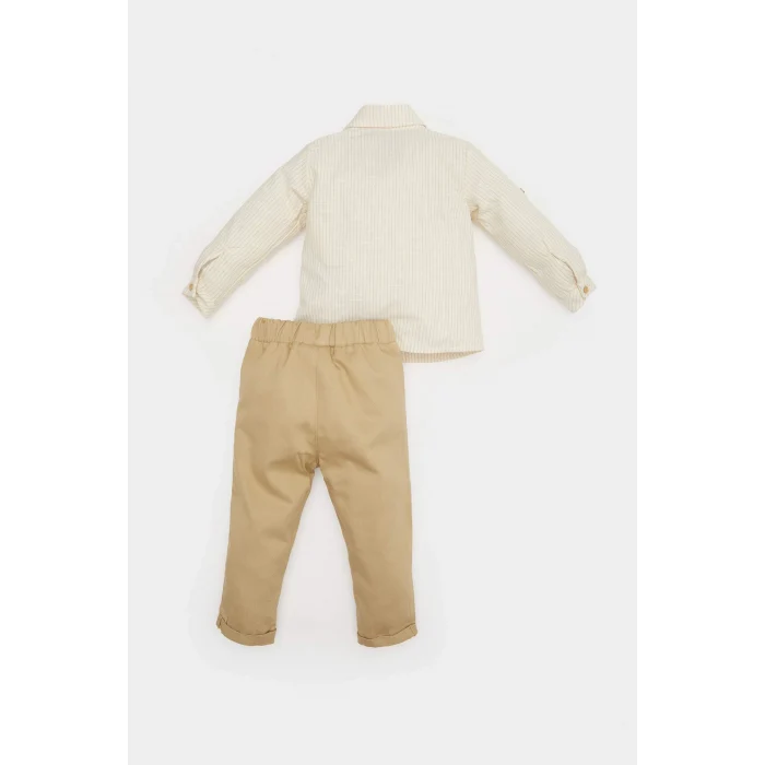 Defacto E2264 Ekru Erkek Bebek 2li Takım Çizgili Uzun Kollu Gömlek Pantolon