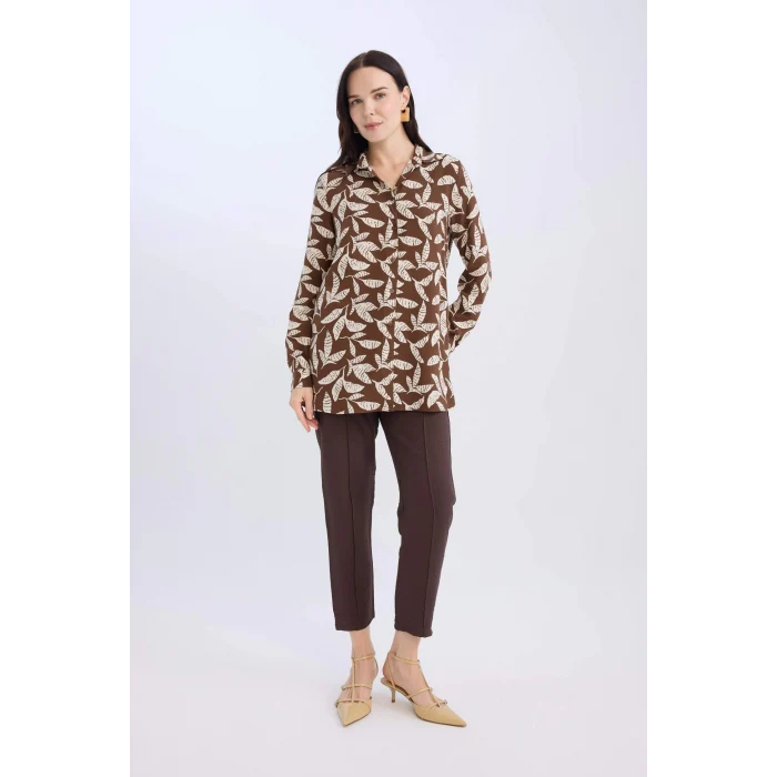 Defacto T0609 Kahve Loose Fit Desenli Uzun Kollu Gömlek Tunik