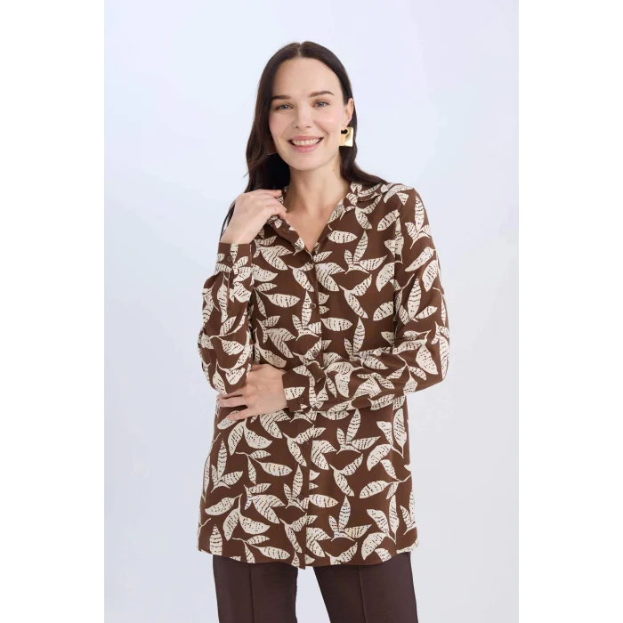 Defacto T0609 Kahve Loose Fit Desenli Uzun Kollu Gömlek Tunik