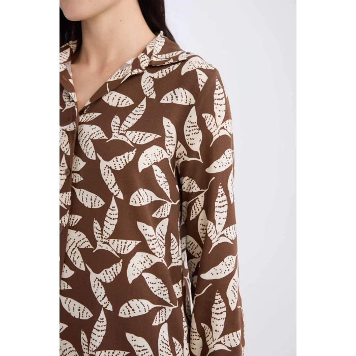 Defacto T0609 Kahve Loose Fit Desenli Uzun Kollu Gömlek Tunik