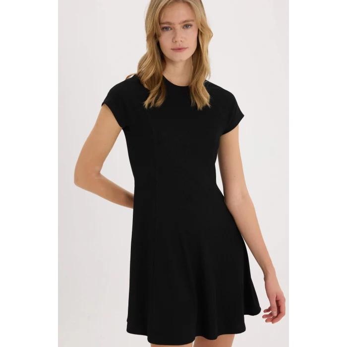 Defacto E8134 Siyah Coool Bisiklet Yaka Basic Düz Fitilli Kaşkorse Kısa Kollu Mini Elbise