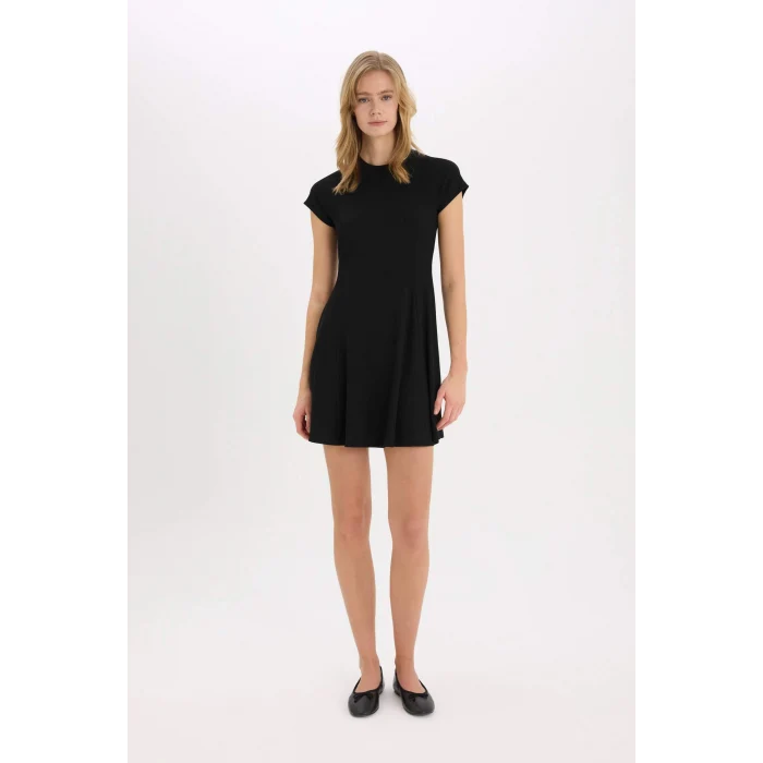 Defacto E8134 Siyah Coool Bisiklet Yaka Basic Düz Fitilli Kaşkorse Kısa Kollu Mini Elbise