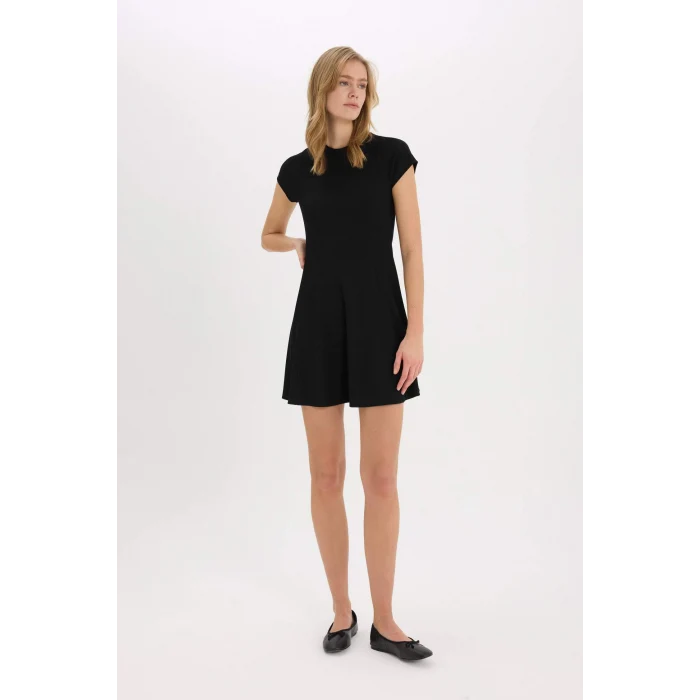 Defacto E8134 Siyah Coool Bisiklet Yaka Basic Düz Fitilli Kaşkorse Kısa Kollu Mini Elbise