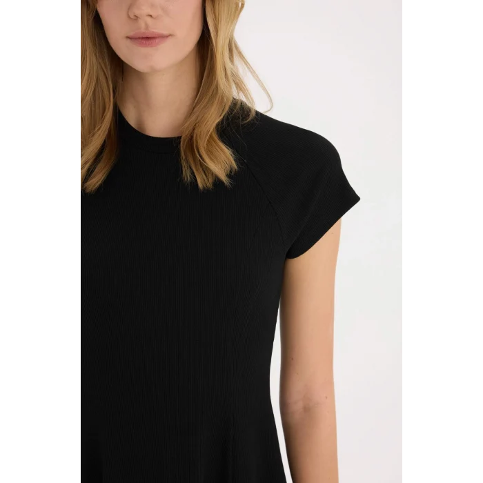 Defacto E8134 Siyah Coool Bisiklet Yaka Basic Düz Fitilli Kaşkorse Kısa Kollu Mini Elbise