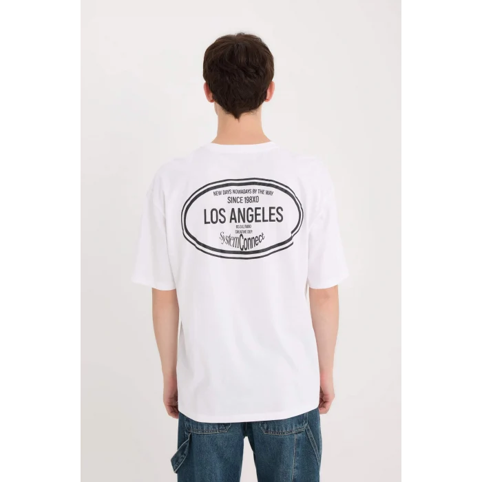 Defacto D5581 Beyaz Oversize Geniş Kalıp Bisiklet Yaka Sırt Baskılı Kısa Kollu Tişört