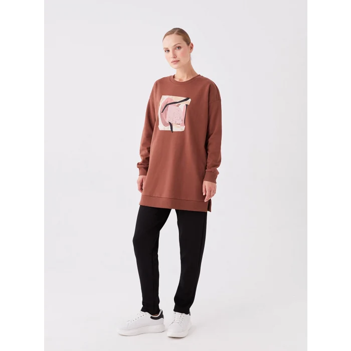 LCWAIKIKI Basic KAHVERENGİ Bisiklet Yaka Baskılı Uzun Kollu Oversize Kadın Sweatshirt Tunik