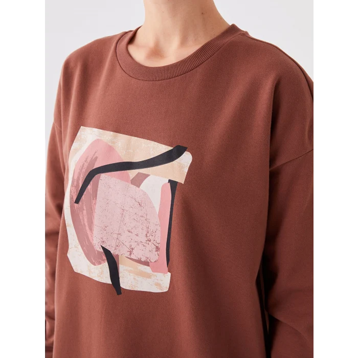 LCWAIKIKI Basic KAHVERENGİ Bisiklet Yaka Baskılı Uzun Kollu Oversize Kadın Sweatshirt Tunik