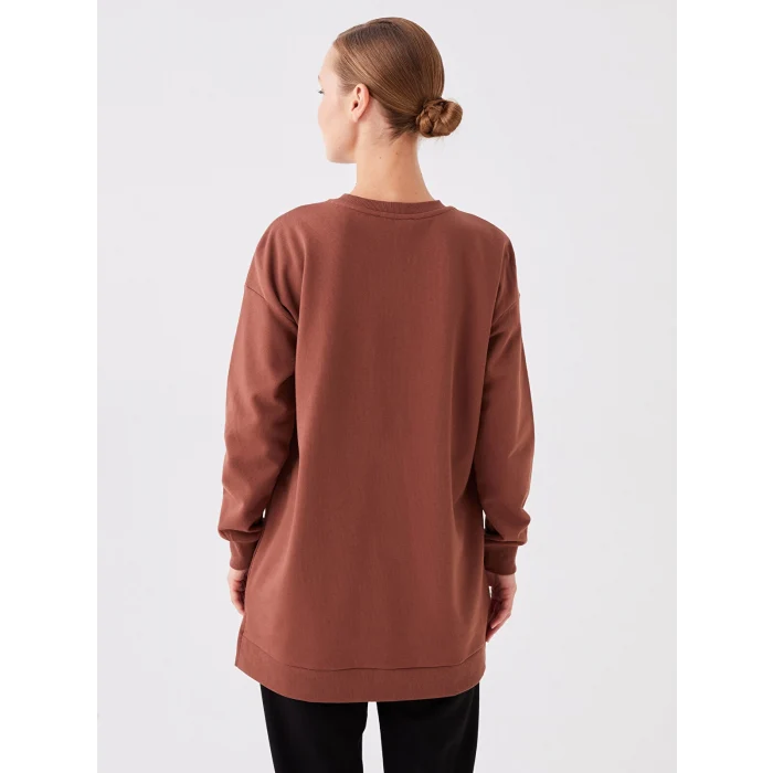 LCWAIKIKI Basic KAHVERENGİ Bisiklet Yaka Baskılı Uzun Kollu Oversize Kadın Sweatshirt Tunik