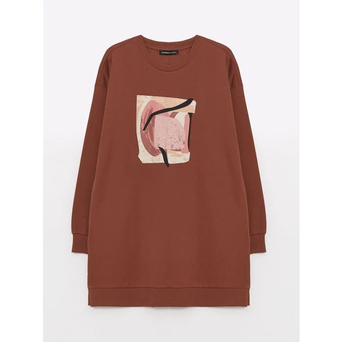 LCWAIKIKI Basic KAHVERENGİ Bisiklet Yaka Baskılı Uzun Kollu Oversize Kadın Sweatshirt Tunik