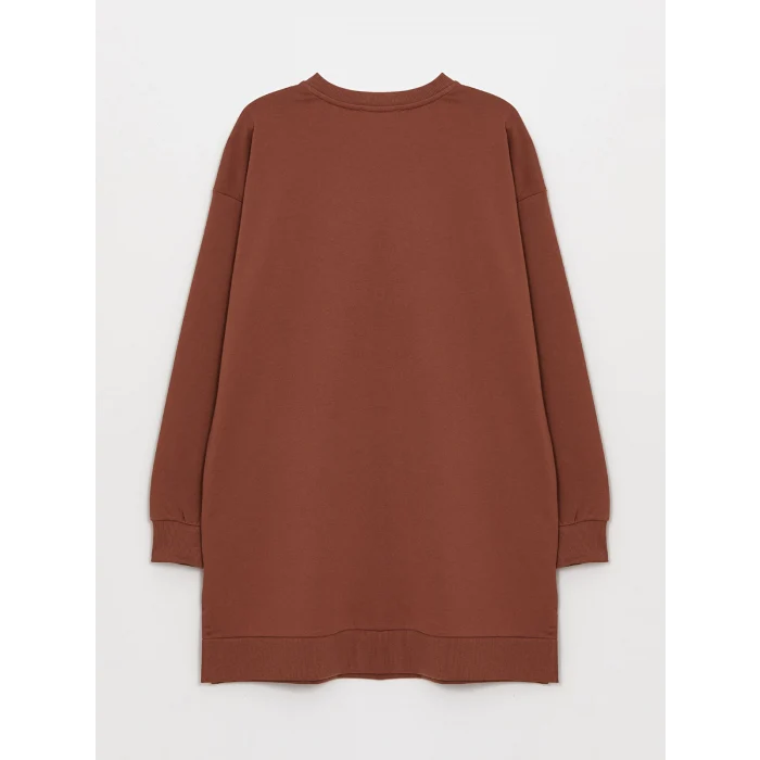LCWAIKIKI Basic KAHVERENGİ Bisiklet Yaka Baskılı Uzun Kollu Oversize Kadın Sweatshirt Tunik