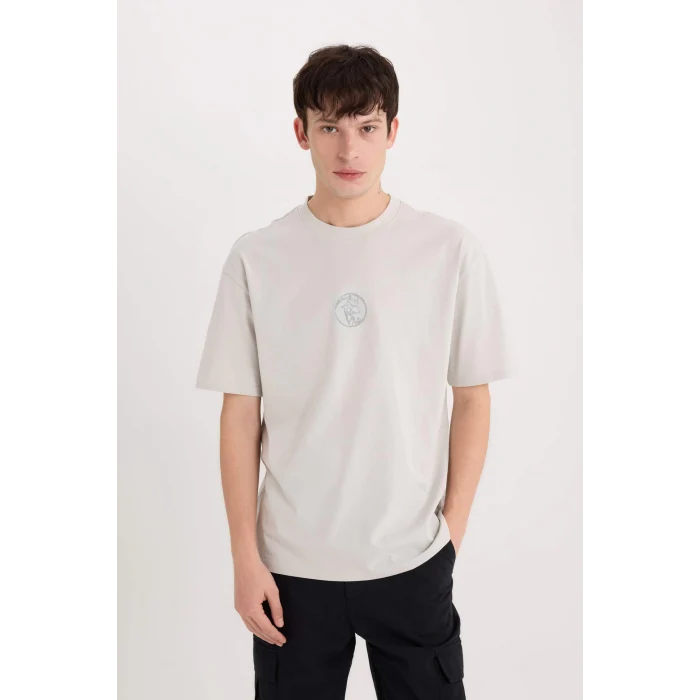 Defacto D9342 Gri Boxy Fit Bisiklet Yaka Baskılı Kısa Kollu Tişört