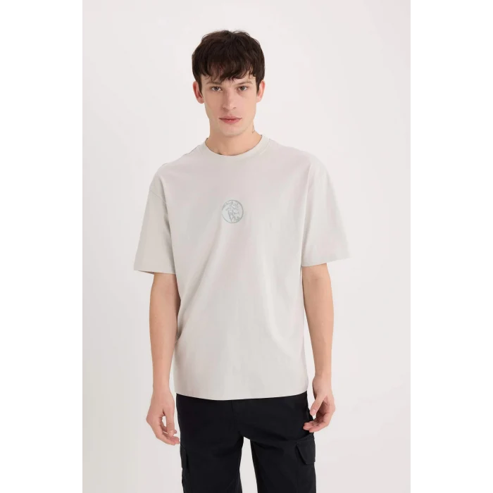 Defacto D9342 Gri Boxy Fit Bisiklet Yaka Baskılı Kısa Kollu Tişört