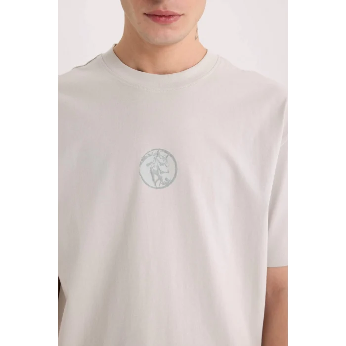 Defacto D9342 Gri Boxy Fit Bisiklet Yaka Baskılı Kısa Kollu Tişört