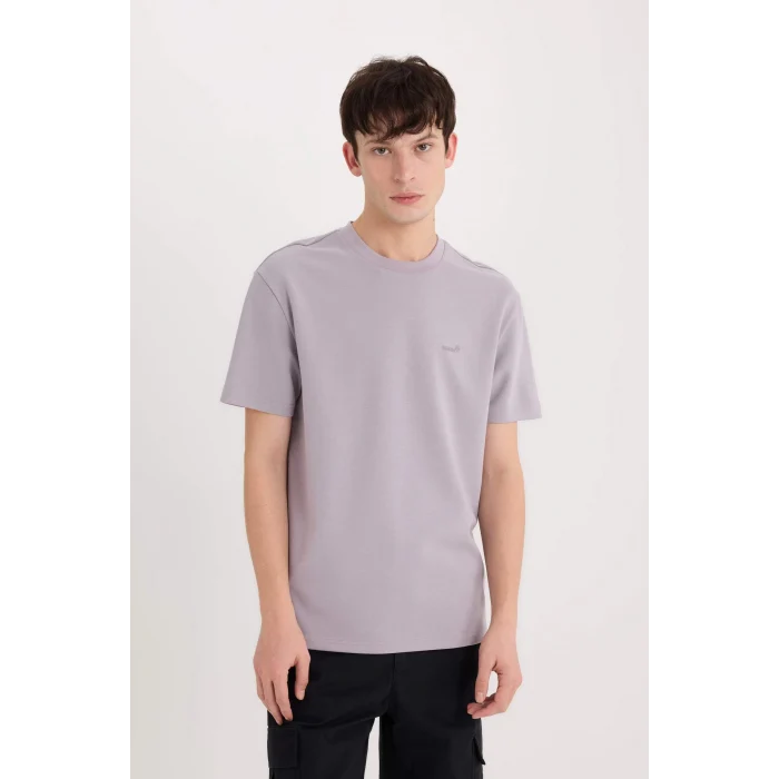 Defacto D5514 Mor Regular Fit Bisiklet Yaka Baskılı Kısa Kollu Ağır Kumaş Tişört