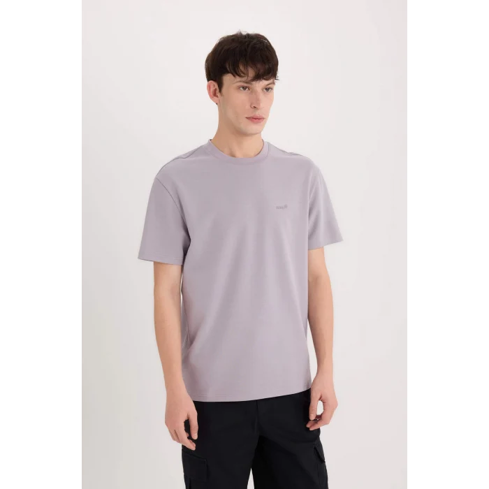 Defacto D5514 Mor Regular Fit Bisiklet Yaka Baskılı Kısa Kollu Ağır Kumaş Tişört