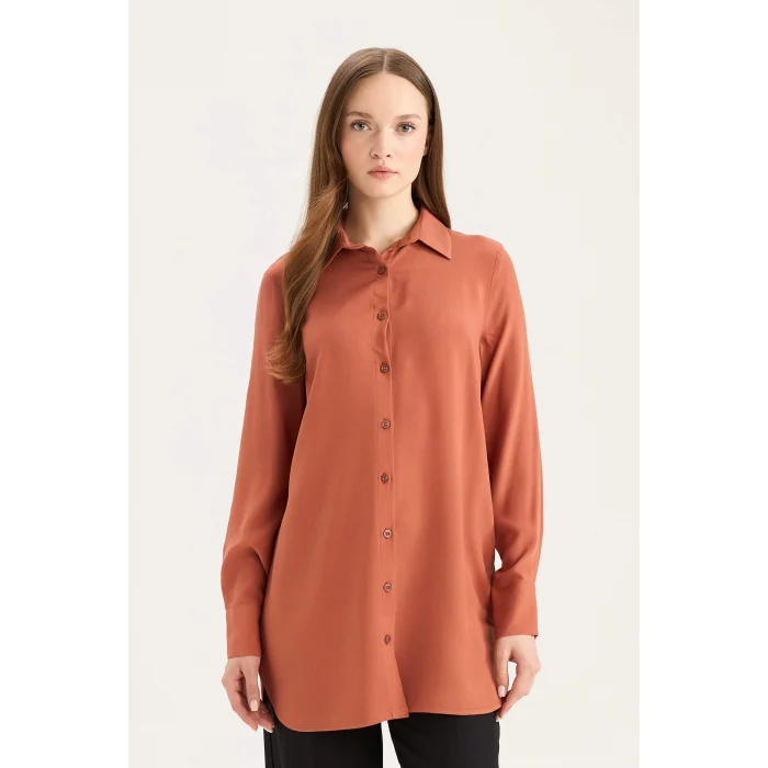 Defacto Z3538 Turuncu Regular Fit Basic Düz Uzun Kollu Gömlek Tunik