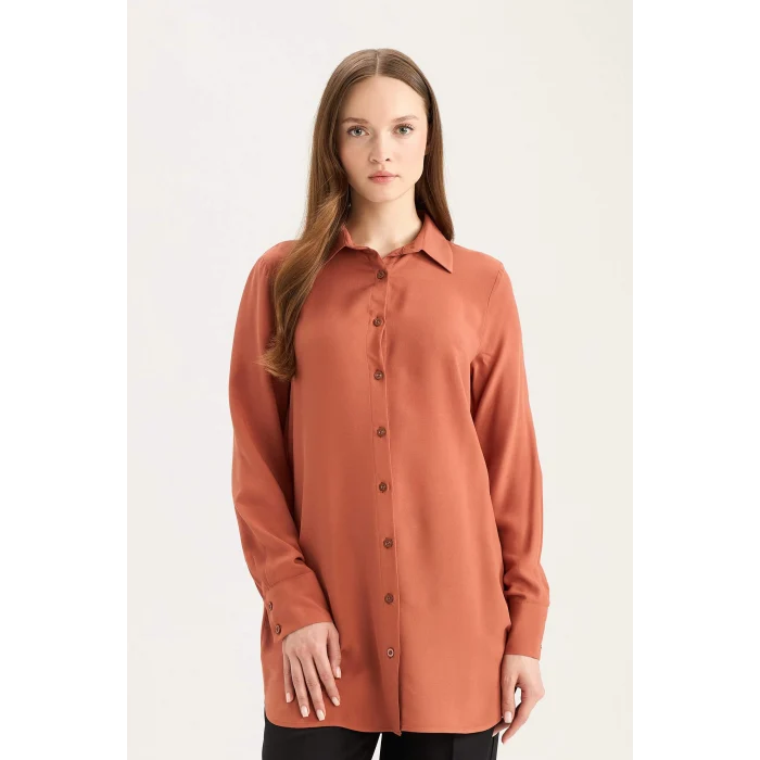 Defacto Z3538 Turuncu Regular Fit Basic Düz Uzun Kollu Gömlek Tunik