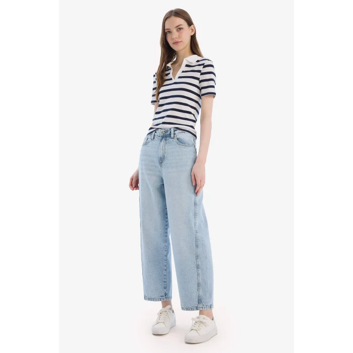 Defacto E6989 Ekru Slim Fit Dar Kesim Çizgili Polo Yaka Ribana Kısa Kollu Tişört