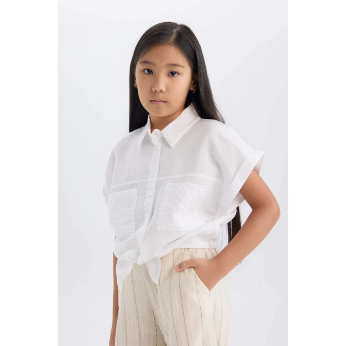 Defacto D7642 Beyaz Kız Çocuk Crop Bağlama Detaylı Kısa Kollu Gömlek