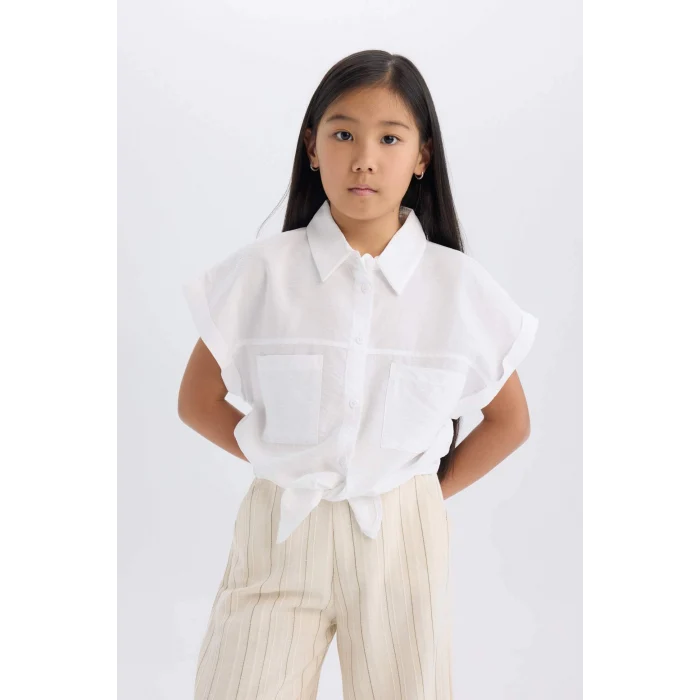 Defacto D7642 Beyaz Kız Çocuk Crop Bağlama Detaylı Kısa Kollu Gömlek