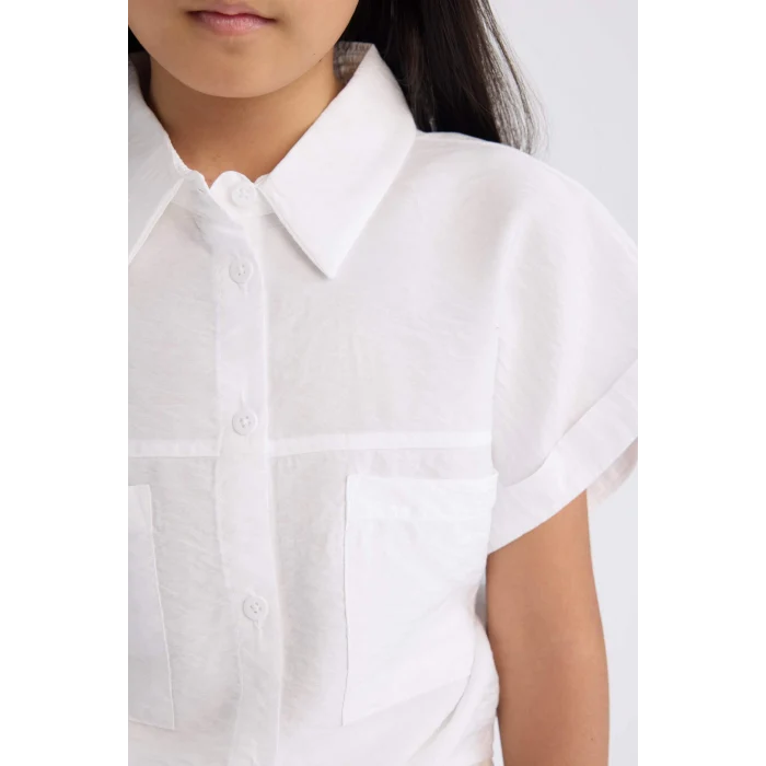 Defacto D7642 Beyaz Kız Çocuk Crop Bağlama Detaylı Kısa Kollu Gömlek