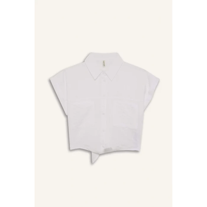 Defacto D7642 Beyaz Kız Çocuk Crop Bağlama Detaylı Kısa Kollu Gömlek