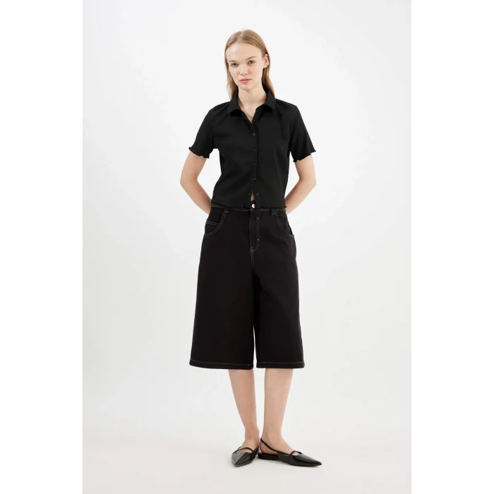 Defacto D4520 Siyah Coool Fitted Bürümcük Kısa Kollu Gömlek