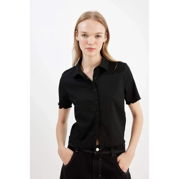 Defacto D4520 Siyah Coool Fitted Bürümcük Kısa Kollu Gömlek