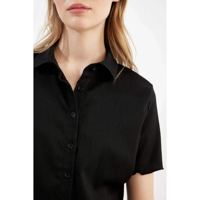 Defacto D4520 Siyah Coool Fitted Bürümcük Kısa Kollu Gömlek