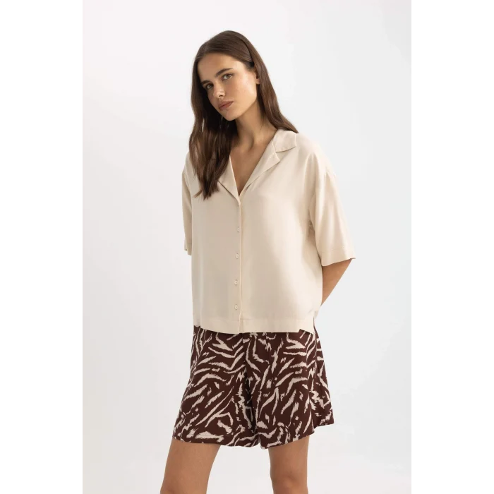 Defacto C3388 Ekru Boxy Fit Kısa Kollu Gömlek