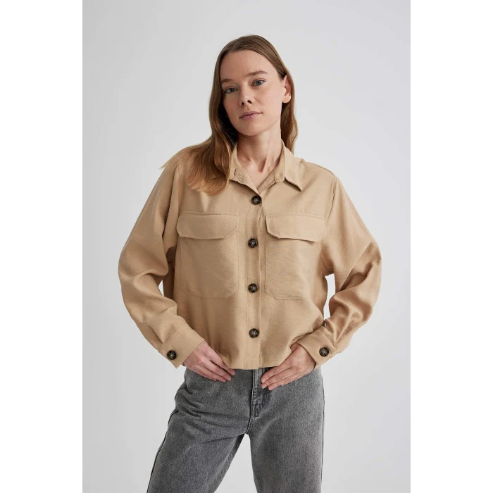 Defacto C0382 Bej Crop Twill Uzun Kollu Gömlek