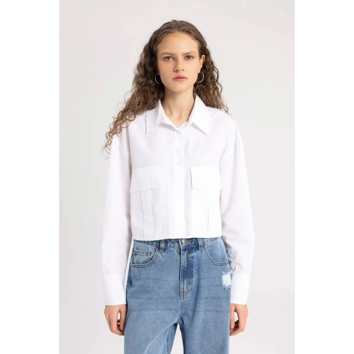 Defacto C2355 Beyaz Crop Poplin Basic Düz Uzun Kollu Gömlek