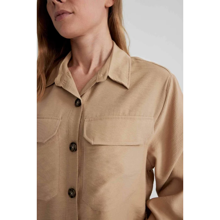 Defacto C0382 Bej Crop Twill Uzun Kollu Gömlek