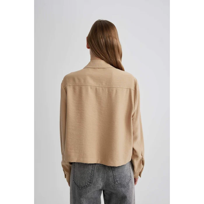 Defacto C0382 Bej Crop Twill Uzun Kollu Gömlek