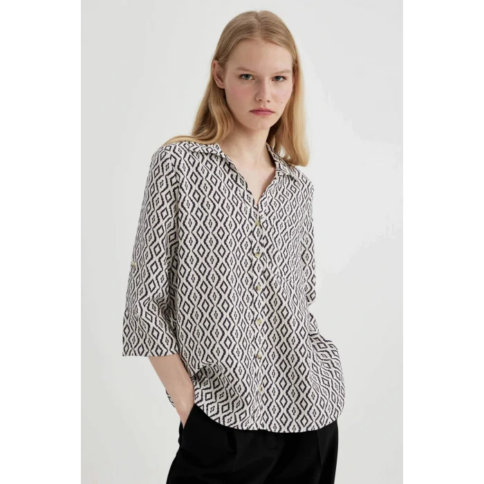 Defacto C0324 Ekru Regular Fit Desenli Yarım Kollu Gömlek