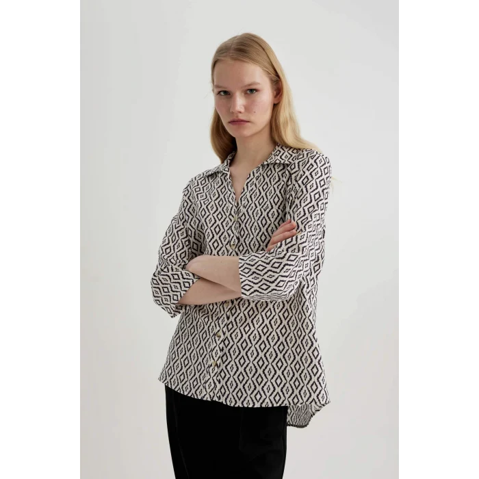 Defacto C0324 Ekru Regular Fit Desenli Yarım Kollu Gömlek